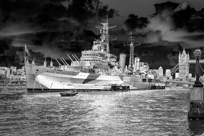 HMS-Belfast-false-colour-image-photo-negative 
 HMS Belfast, London, a rendition designed to focus eyes on the ship, not its iconic background of Tower Bridge & Tower of London 
 Keywords: HMS Belfast, London, Navy, Thames, Tower Bridge, Urban, solarised negative treatment