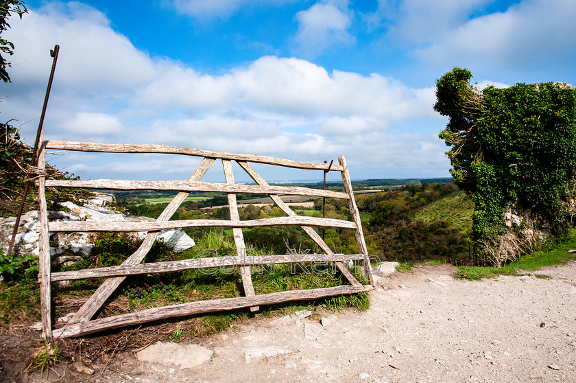 Rustic Gate at Corfe Castle 6500V4 
 The Other Gate at Corfe Castle, a rustic gate behind the castle in beautiful English countryside. Most visitors miss it.- you have to look away from the Castle to see this. 
 Keywords: Corfe Castle, Fine art, Landscapes, rustic gate, English countryside, Dorset,