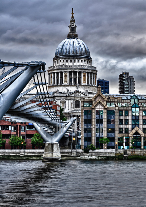 St Pauls-composite 0403 HDR-Version-0002 
 St Paul's Cathedral, London, pictured against a stormy sky, from the South Bank by Millennium Bridge. Photo created from 3 images and processed for a subdued, painterly feel. 
 Keywords: Urban, London, UK, St Paul's, St Pauls, Cathedral, architecture, architectural icon, London icon, Millennium Bridge, River Thames