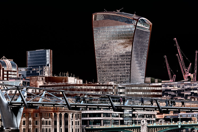 London Skyline Millennium Bridge Fenchurch St Solarised 
 A famous London skyline taken from the South Bank, featuring the Millennium Bridge and Walkie Talkie building. Processed to reveal rich copper colours (1CK_9833-E) 
 Keywords: London, Urban, abstract, millennium bridge, mono, Millennium Bridge, Fenchurch St, copper, solarisation