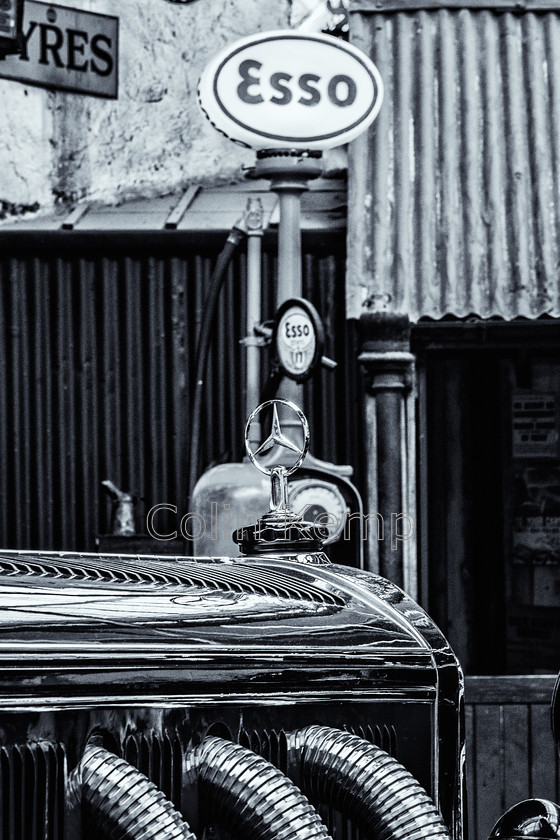 Vintage-Mercedes-and-Esso-pump-black-and-white 
 Keywords: BW, Hampshire