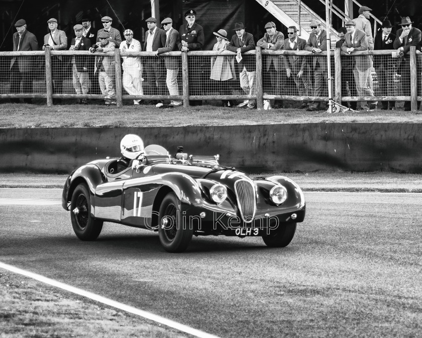 Mono XK120 Goodwood Revival 9149 
 Black and white image of Jaguar XK120 racing at the Goodwood Revival, September 2015 - perfect Father's Day gift for vintage car or Jaguar fan. 
 Keywords: Jaguar, XK120, vintage racing , Goodwood revival, monochrome, Fathers Day gift