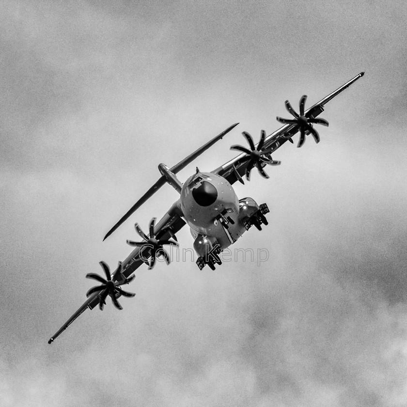 Airbus A400M - 0295-Edit-Edit-Edit 
 Airbus A400 demonstrates low level manoeuvres at Fairford Interrnational Air Tattoo. Black and white photo taken nose on. 
 Keywords: Airbus 400M, Etsy, Fairford, air display, airshow